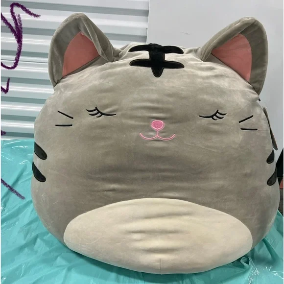 Original RARE Squishmallow Tally 24 Inch Jumbo Tabby Cat Grey White Pink XL  New